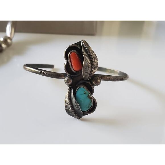 Vintage Turquoise and Coral Navajo Sterling Child Bracelet - Picture 1 of 8